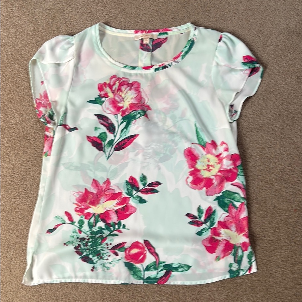 Skies Are Blue White and Pink Graphic Blouse with Peter Pan Collar